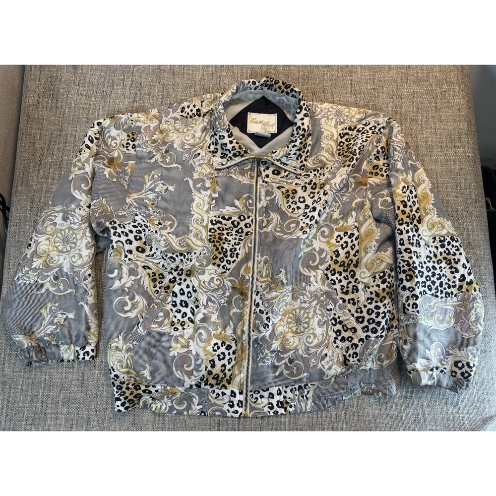 East‎ West Vintage 80's Silk Windbreaker XL Cheetah Gold Silk Print Retro